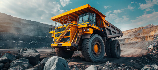 Giant Mining Truck in a Rocky Open-Pit Mine. A colossal yellow mining dump truck transporting rocks in an expansive open-pit mine under a blue sky with clouds.