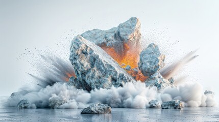 Massive rocks crashing into the ground with dynamic dust clouds against a stark white backdrop. - obrazy, fototapety, plakaty