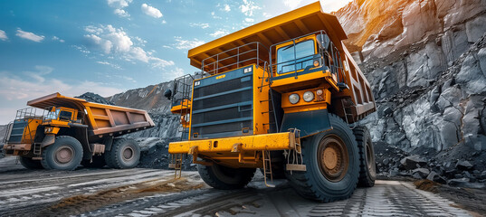 Massive Haul Trucks Operating in an Open-Pit Mine. Gigantic yellow haul trucks loaded with ore operate in a vast open-pit mining site against a dramatic sky.