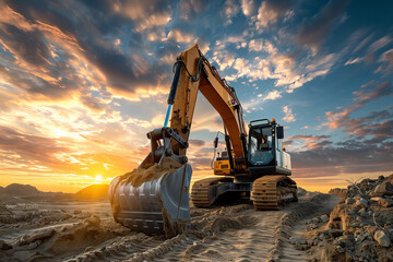 Excavator on Sandy Construction Site at Sunrise. An excavator stands ready on a sandy site with a beautiful sunrise illuminating the clouds above.