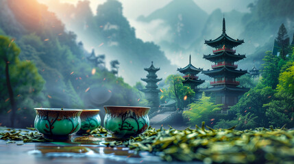 Two ceramic tea cups surrounded by tea leaves with pagodas in a misty mountain landscape at sunrise - obrazy, fototapety, plakaty