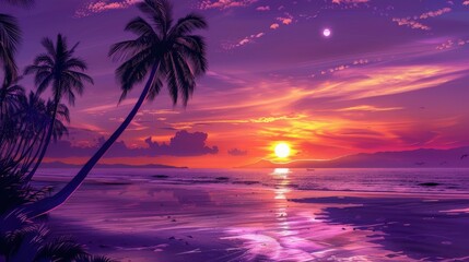 Fototapeta na wymiar Sunset on Beach With Palm Trees