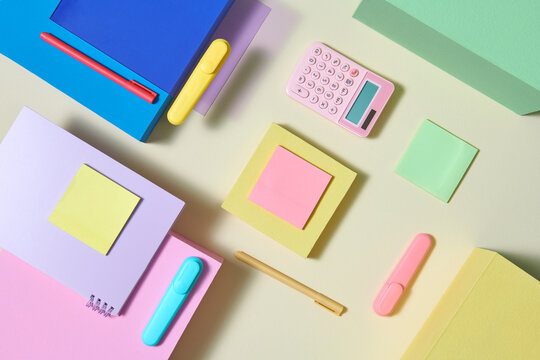 Colorful stationery mockup scene  with calculator and geometric