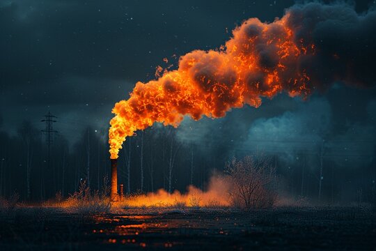 An ebony blaze emitting carcinogenic smoke in the night