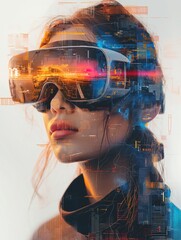 Woman with Advanced VR Glasses Overlaid with City Lights and Data Streams. High-Tech Digital Art Concept for Augmented Reality and Urban Exploration.