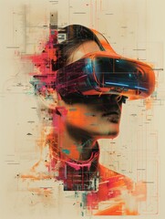 Digital Cyberpunk Portrait with VR Headset Amidst Abstract Technological Circuitry on Orange and Blue Background. Virtual Reality Concept Design for Posters.