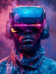 Man with Futuristic VR Headset Immersed in Virtual Reality, Neon Lighting and Vapor Effect. High-Tech Gaming and Entertainment Concept.