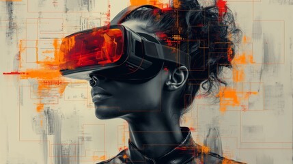 Side Profile of a Woman with VR Headset on Digital Glitch Effect Background with Orange Highlights. Concept Art for Virtual Reality and Futuristic Gaming.