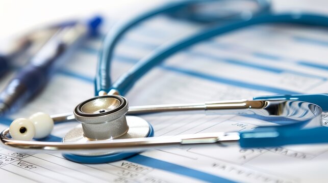 Medical stethoscope on a patient's clinical record file. Healthcare and medicine concept
