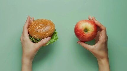 Hand holding a hamburger and a hand holding an apple against a green background. Healthy vs unhealthy diet choice concept with copy space