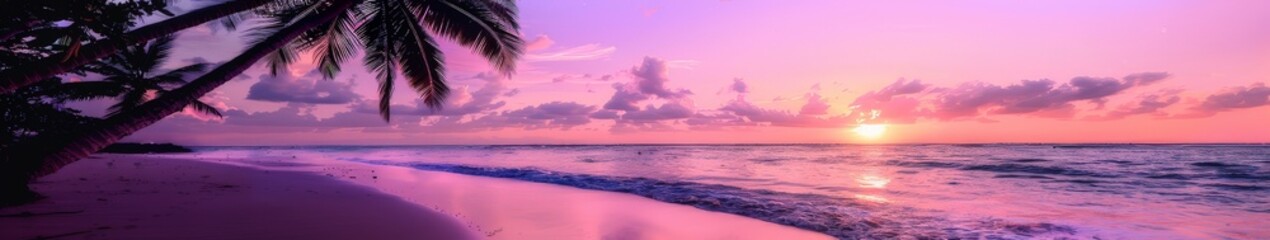 Fototapeta na wymiar Sun Setting on Beach With Palm Trees