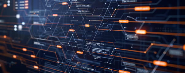 Sophisticated digital infrastructure with interconnected lines and nodes on a dark background. Conceptual image of network architecture and data analysis for design and print