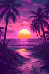 Fototapeta premium Tropical Sunset Painting With Palm Trees