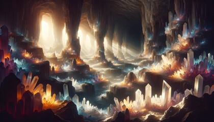underground caverns filled with shimmering crystals of various shapes and colors - obrazy, fototapety, plakaty