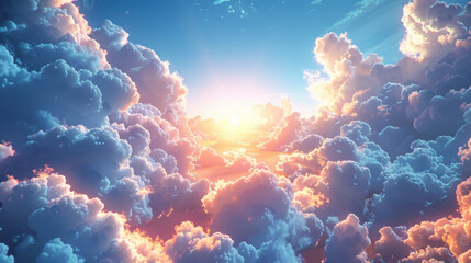 Blue sky with clouds. Anime style background with shining sun and white fluffy clouds. Sunny day...