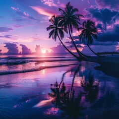 Sunset With Palm Trees Reflected in Water