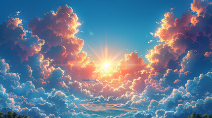 Blue sky with clouds. Anime style background with shining sun and white fluffy clouds. Sunny day sky scene cartoon vector illustration. Heavens with bright weather, summer season outdoor.