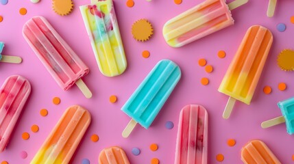 Colorful popsicles on a pink background with decorative confetti.