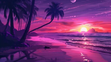 Fototapeta na wymiar Sunset Painting of Beach With Palm Trees
