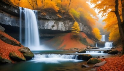 Travel to the beautiful Colorful majestic waterfall in national park forest during autumn, soft...
