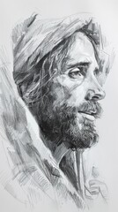 A sketch of Jesus looking at Jerusalem with compassion and sadness. A pencil shading sketch with expression of Jesus Christ expressing emotion and sadness. - obrazy, fototapety, plakaty
