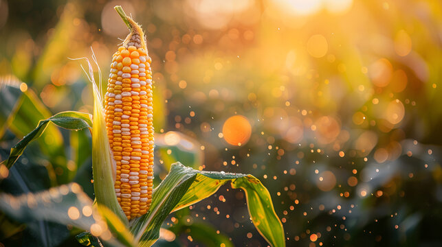 Corn ready for Large harvest. Cultivation of corn on a farm, agribusiness of grain crops. dry large yellow corncob ready to be harvested on a bright sunny day. Ripe and Ready Maize, Generative Ai
