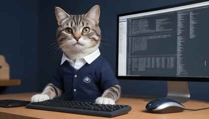 Cat programmer sitting at a computer with 3 screens displaying programming code, wearing youthful clothes, gray tabby cat with white paws and white nose, wearing a navy blue shirt, with a cunning look - obrazy, fototapety, plakaty