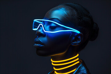 A portrait of an African woman with glowing neon blue glasses and yellow light stripes on her neck against a dark grey background.