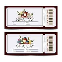 Set of gift vouchers templates for spa and relaxation. Beauty, skincare, bodycare, cleansing  vector concept. Gift cards for aromatherapy and massage. Organic cosmetics with spa rocks and towel 