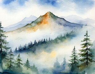 Hight mountain landscape and pine trees. Light watercocor Art. Generated AI