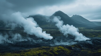Fototapeta na wymiar Volcanic hills with steam vents, eerie dawn light, front view, moody, dark tones, sharp focus on steam.