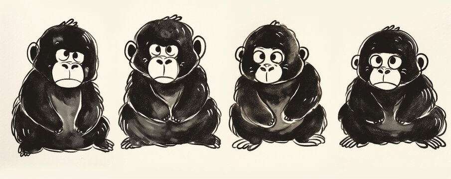 Charming Cartoon Monkeys with Expressive Faces in a Row
