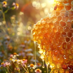 Sunlit honeycomb with dripping golden honey. Vibrant bokeh lush greenery background. Concept of...