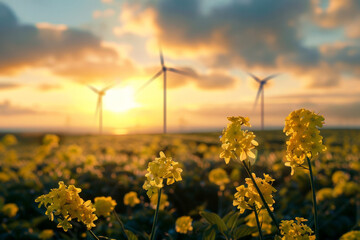 sunset over a rapeseed field with windmills in the background