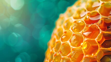Close-up of a honeycomb drenched in golden honey, with a soft teal bokeh background. Concept of...