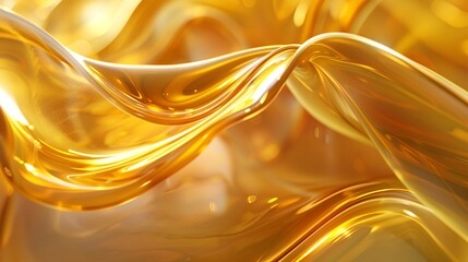 Fluid golden waves mimicking honey. Abstract molten gold backdrop with reflective curves. Concept of rich natural essences, flowing sweetness, and elegant background design. Banner. Copy space