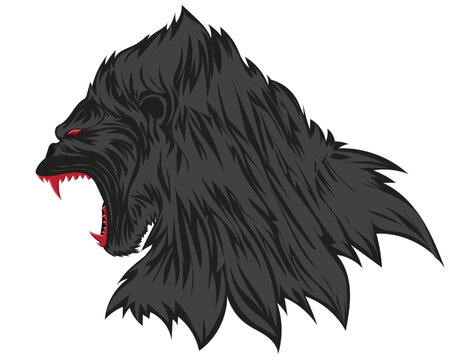 vector illustration design of a black gorilla-like monster head with red eyes and sharp red teeth and roaring