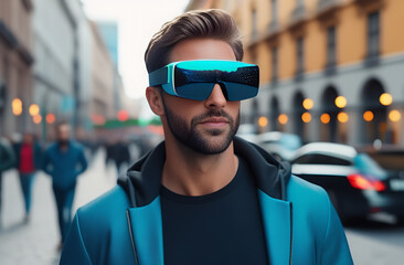 A men with virtual glasses playing or watching something at the street