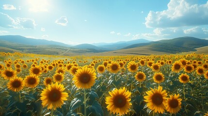 Sunflower fields at the base of hills, bright sunny day, eye-level view, vivid yellows, clear blue sky.