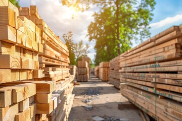 lumberyard with stacks of timber planks