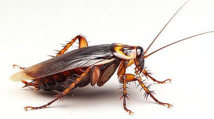 Fototapeta premium Cockroach isolated on a white background. Detailed view of a pest insect. Concept of infestation, pest control, hygiene, domestic cleanliness, home pest, extermination, and sanitation.