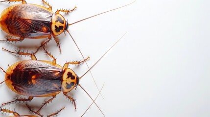 Cockroaches on white background. Top view of cockroaches. Pest insects. Concept of pest invasion, large-scale infestation, and pest management. Banner. Copy space - obrazy, fototapety, plakaty