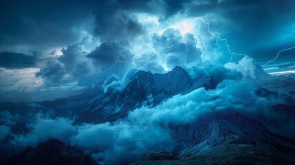 Fototapeta premium Stormy mountain peaks, dark clouds, lightning in distance, dramatic mood, high contrast, wide shot.