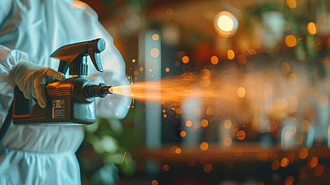 Close-up of a pest control service in action, spraying chemicals. Detailed view of extermination process. Concept of professional pest management, sanitation services, and home safety.