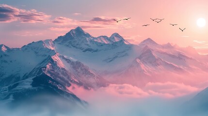 Snow-capped mountains at dusk, soft pink sky, birds flying over, low angle, serene mood, clear focus. - Powered by Adobe