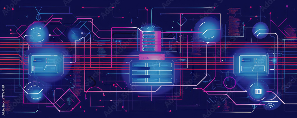 Aufkleber abstract cyber data network banner with digital elements. neon circuit board technology background. 