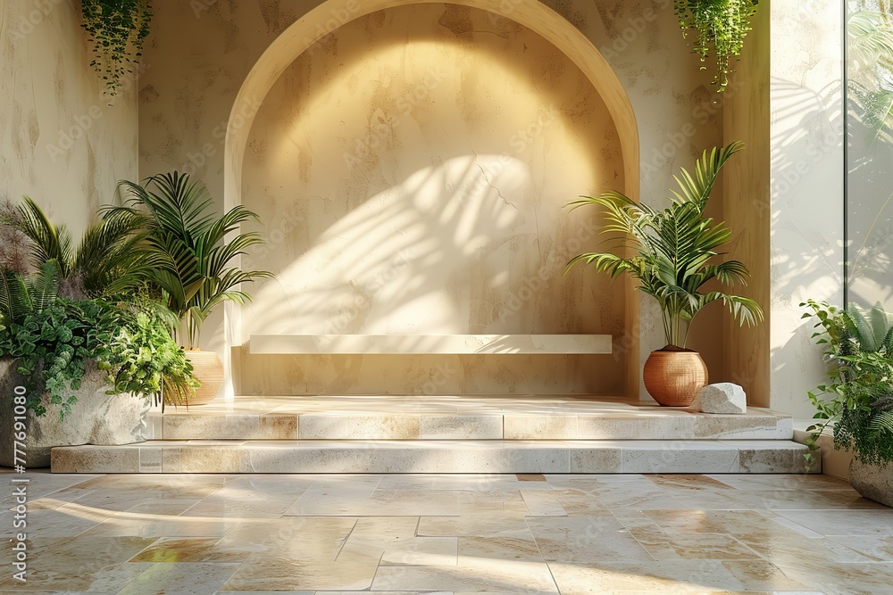Poster 3d render abstract white minimal background with empty square podium and green plants on beige wall.
