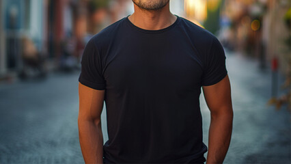 Fototapeta na wymiar Shirt mockup young model boy wearing black t-shirt on street, daylight, template design print male guy casual t-shirt