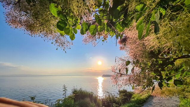 Scenic walking path between Fiesa and charming coastal town of Piran in Slovenian Istria, Slovenia, Europe. Rugged rocky cliffs gracefully perched above shimmering waters of the Adriatic Sea. Seascape