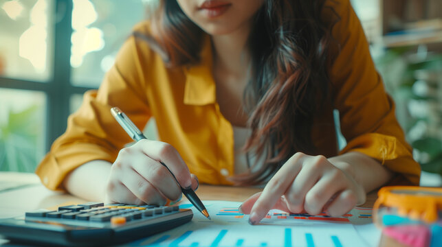 Deduction planning concept. Asian young woman hand using calculator to calculating balance prepare tax reduction income, cost budget expenses for pay money form personal Individual Income Tax Return